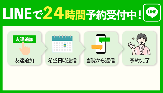 LINEで24時間予約受付中。友達追加→希望日時送信→当院から返信→予約完了